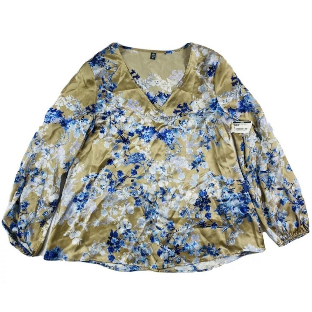 Eleventy Tan Blue Floral Pure Silk Longsleeve‎ V Neck Blouse Size 2 NWT